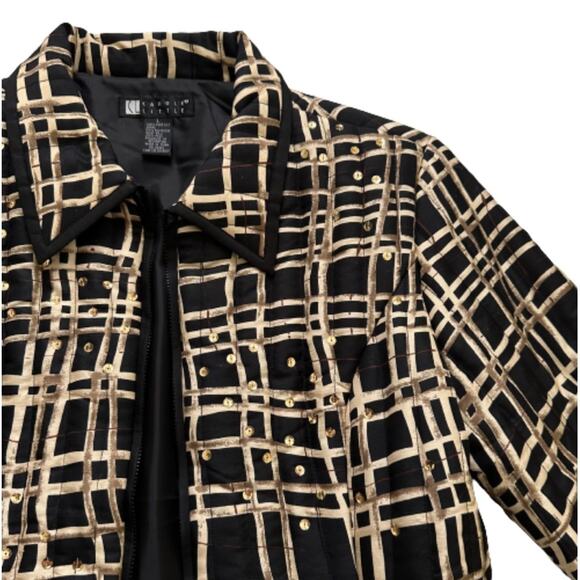 Carole Little Jacket Silk Quilted Black Tan Gold Sequin Bling Zip Front Large - Picture 9 of 11